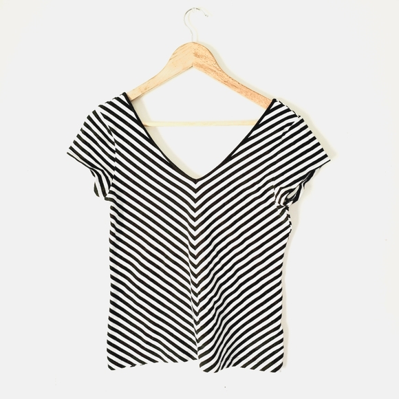 Black and White Stripe Deep V-Neck V-Back Top - Picture 1 of 4